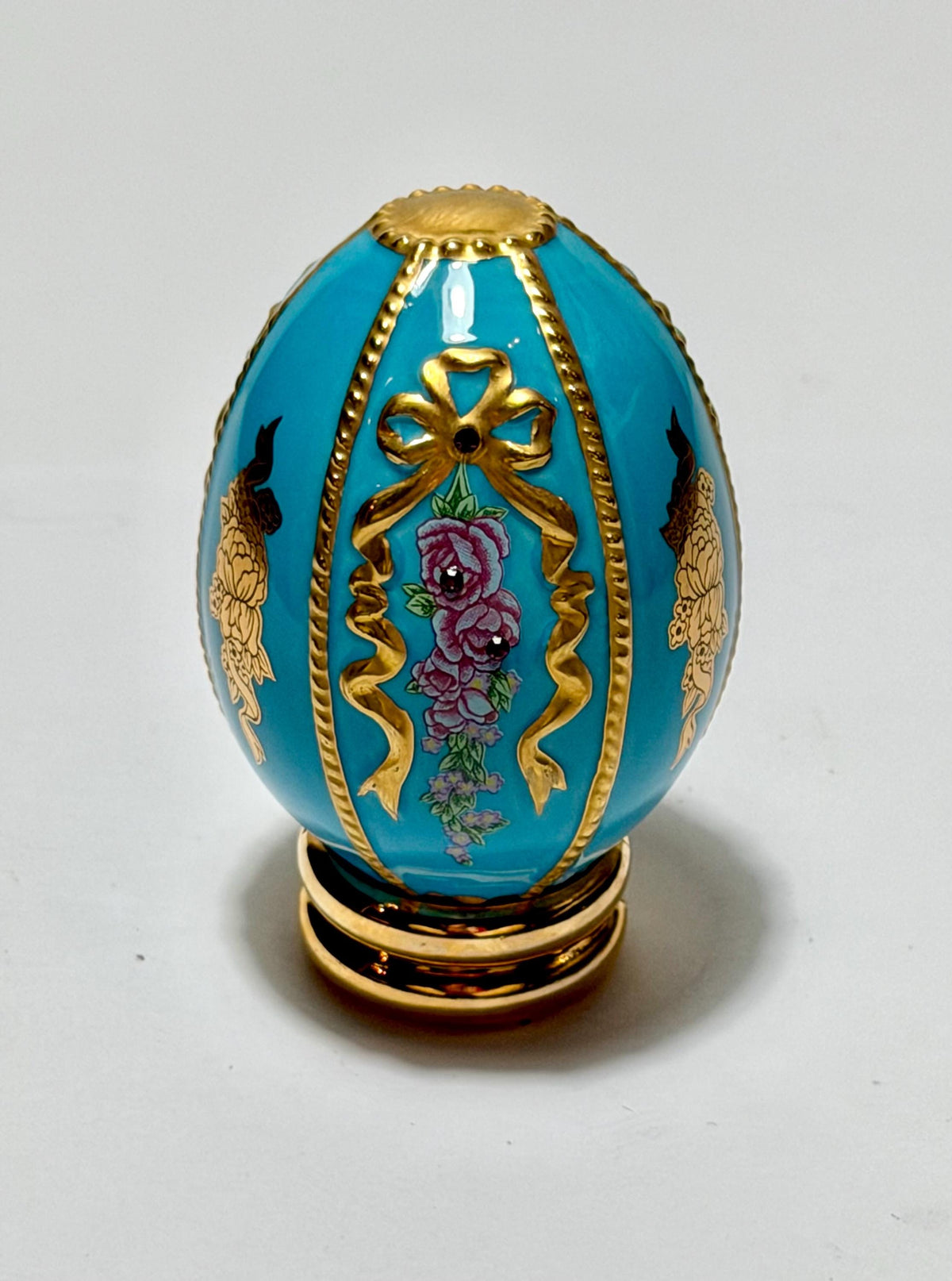 House of Fabergé turquoise porcelain Collector Egg, Faberge 24K gilt,  crystals,  faberge