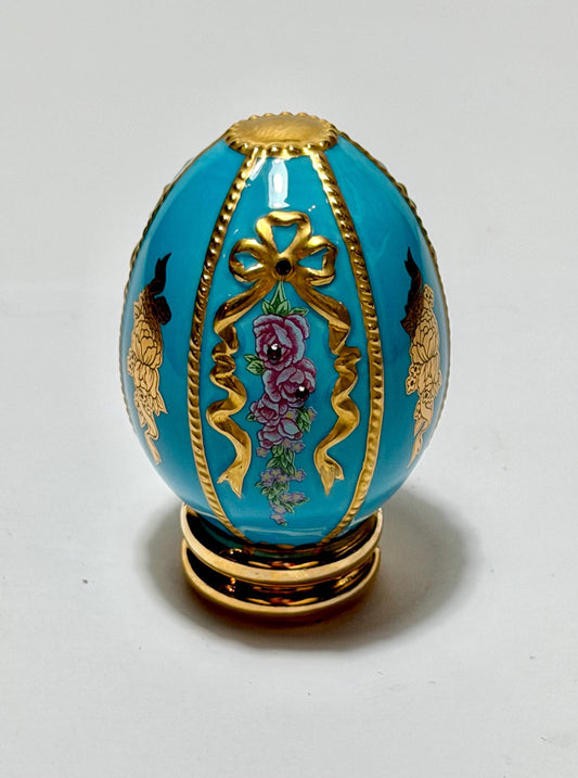 House of Fabergé turquoise porcelain Collector Egg, Faberge 24K gilt,  crystals,  faberge
