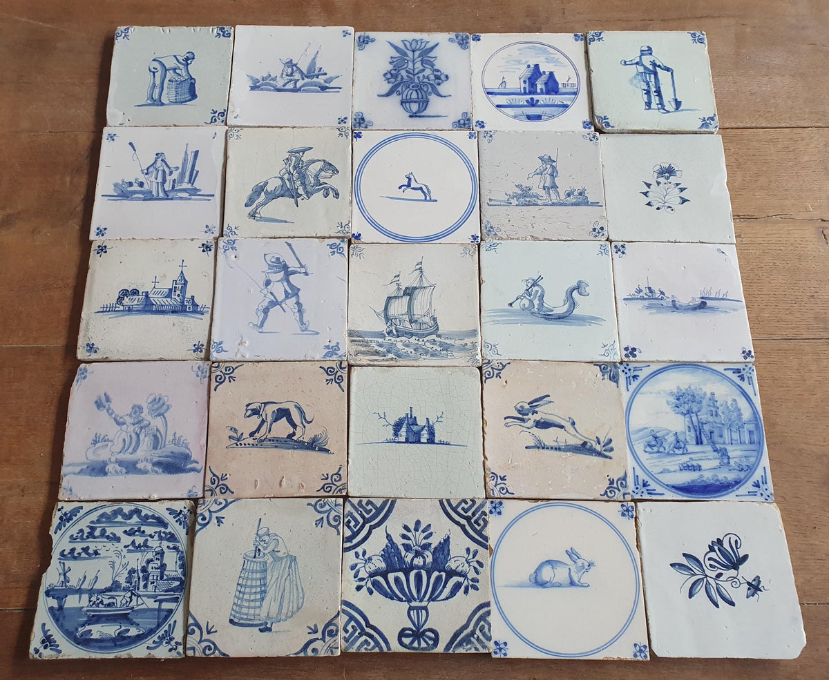 25 x Antique Delft Tiles, 17-18 th Century Dutch figuretile. Wall tiles