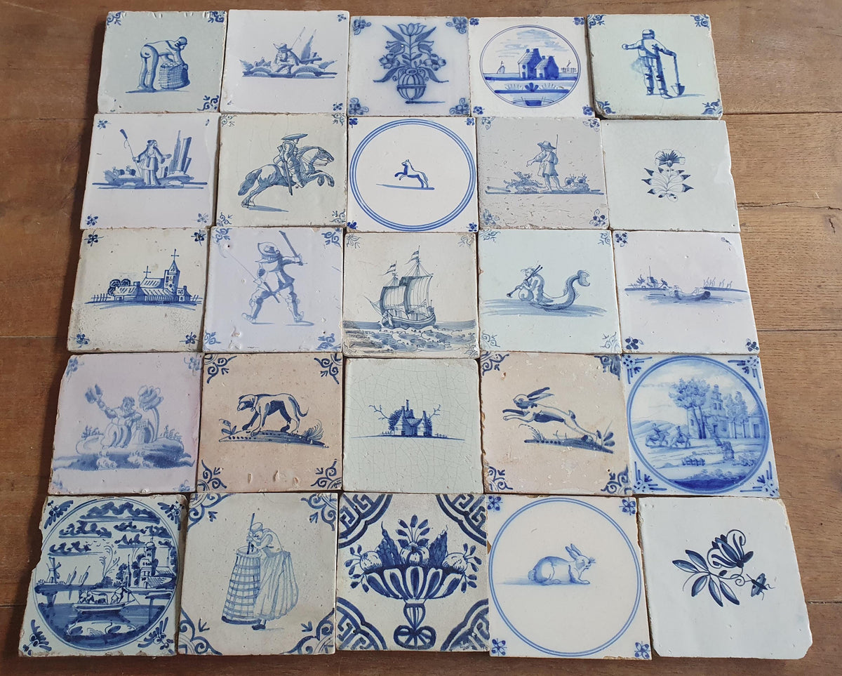 25 x Antique Delft Tiles, 17-18 th Century Dutch figuretile. Wall tiles