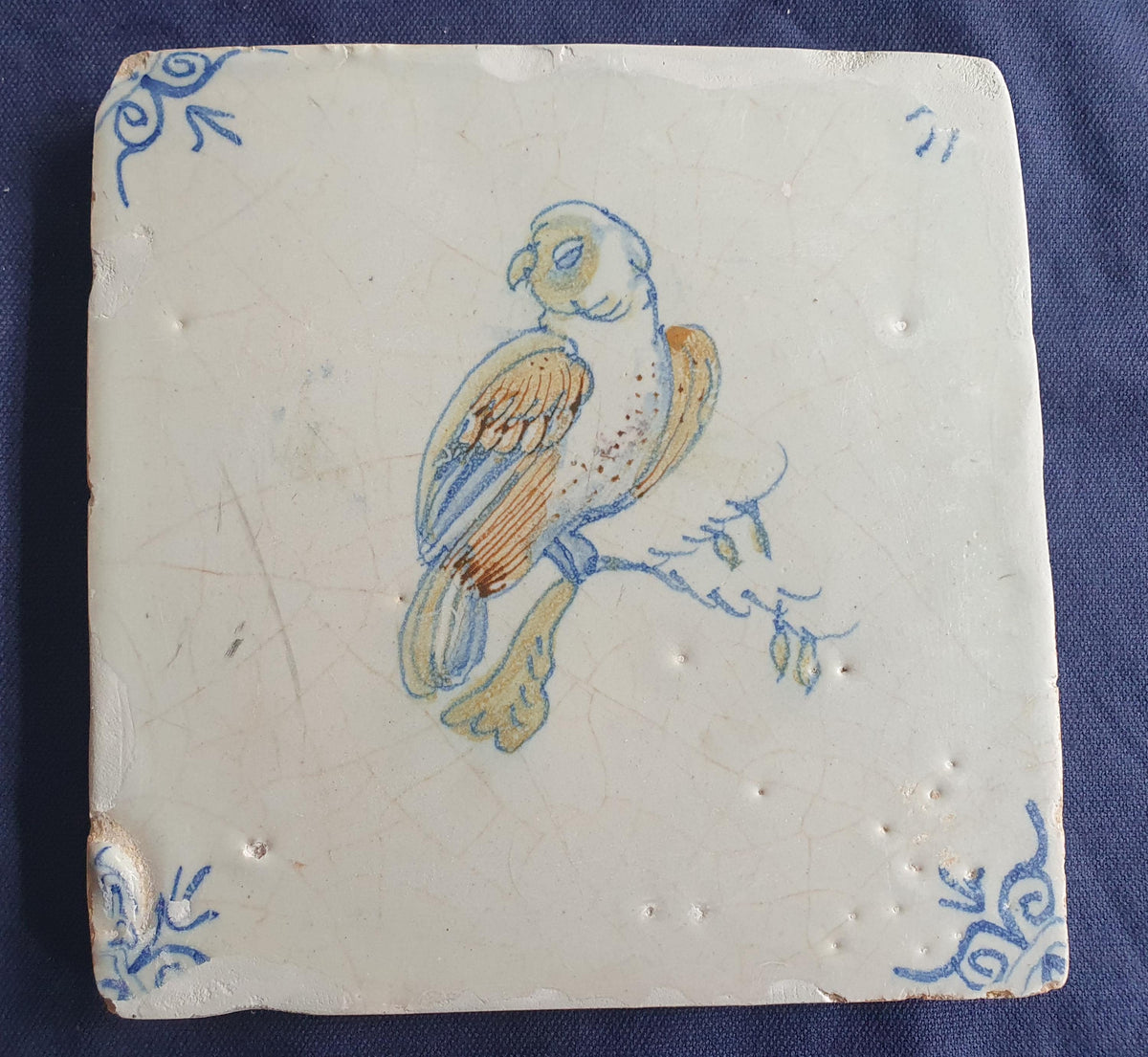 17th-century Delft tile, produced around 1640, featuring a beautifully painted parrot perched on a branch.  Animaltile