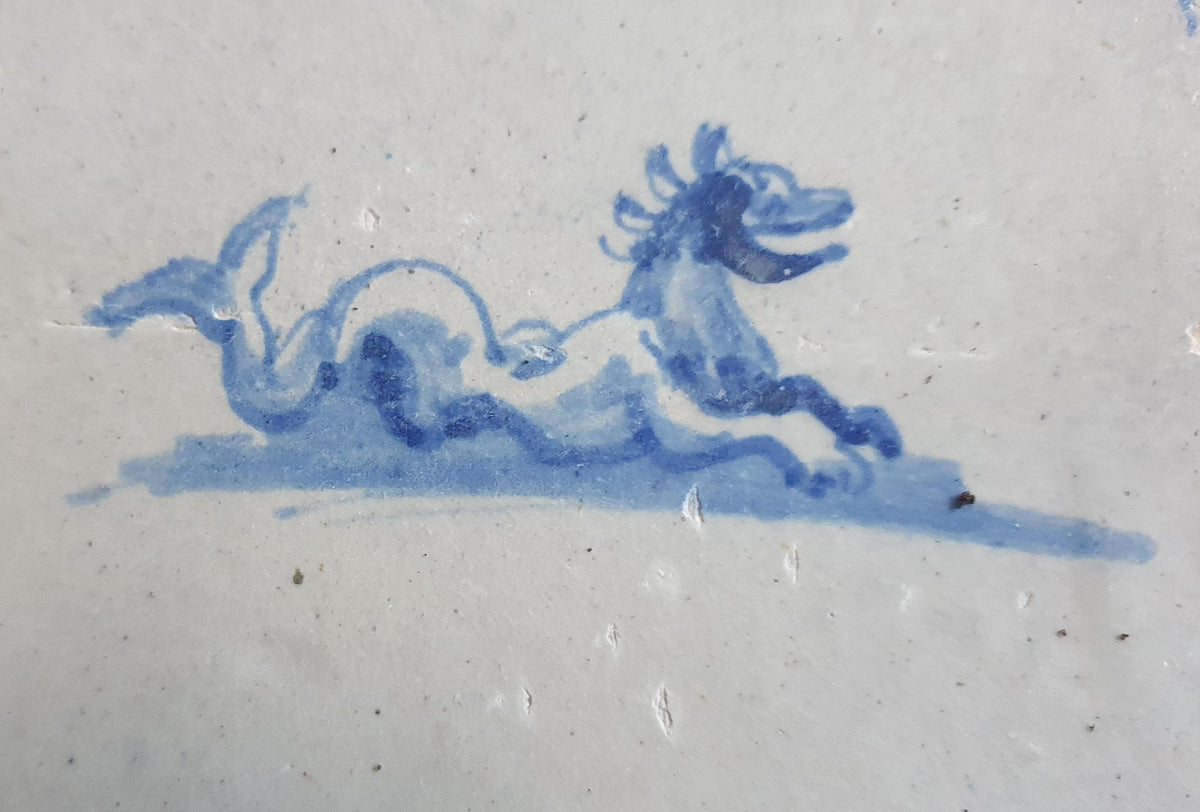 Antique Delft tile depicts a sea monster, around 1630  .  mythicaltile