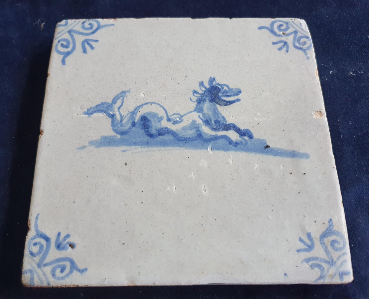 Antique Delft tile depicts a sea monster, around 1630  .  mythicaltile