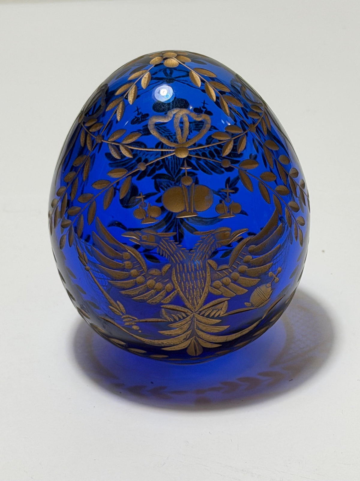 Fabergé Sapphire blue Crystal Egg, Double Eagle Gilded Symbol, Etched Lead Crystal (Collector Item) faberge