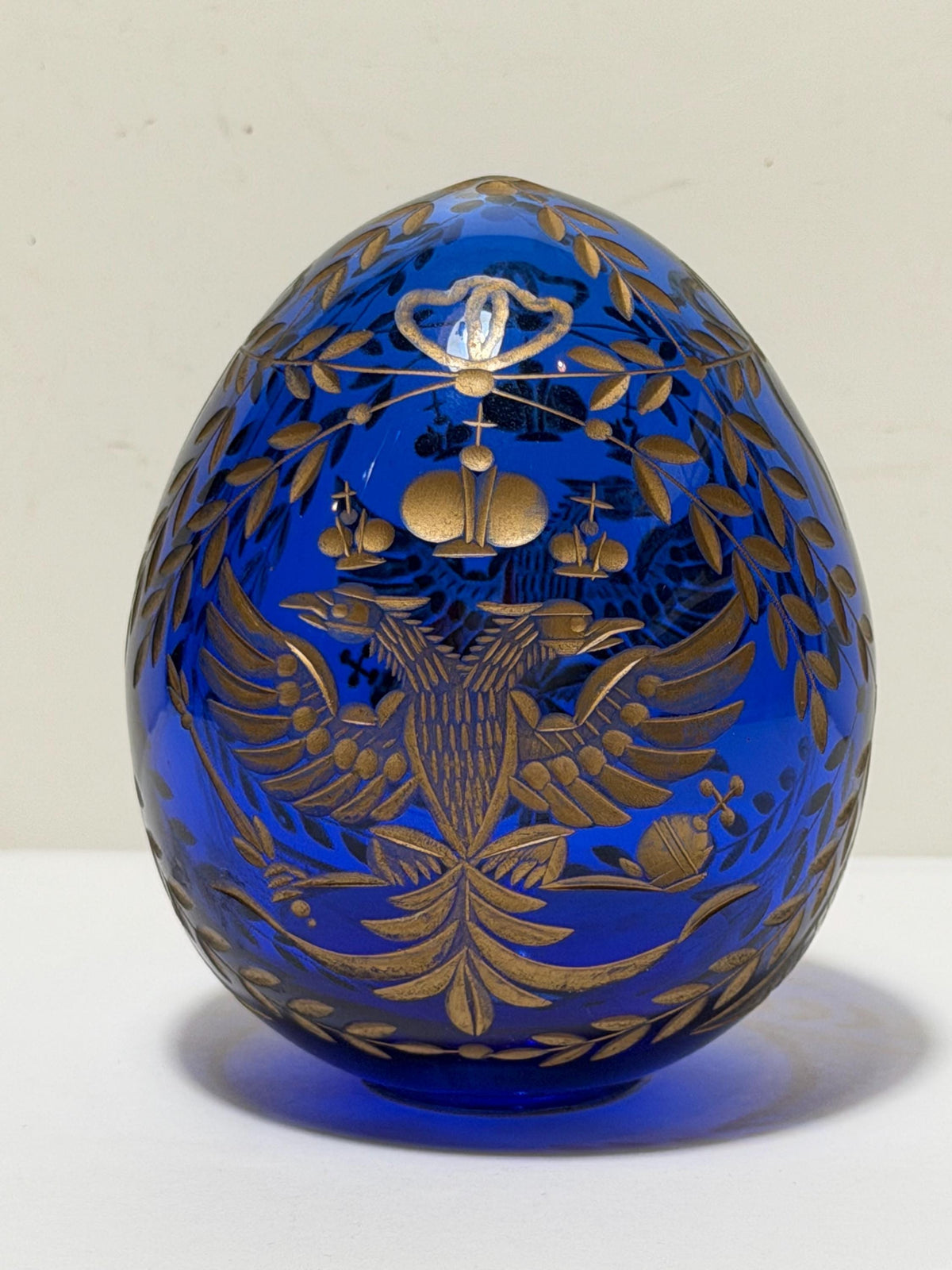Fabergé Sapphire blue Crystal Egg, Double Eagle Gilded Symbol, Etched Lead Crystal (Collector Item) faberge