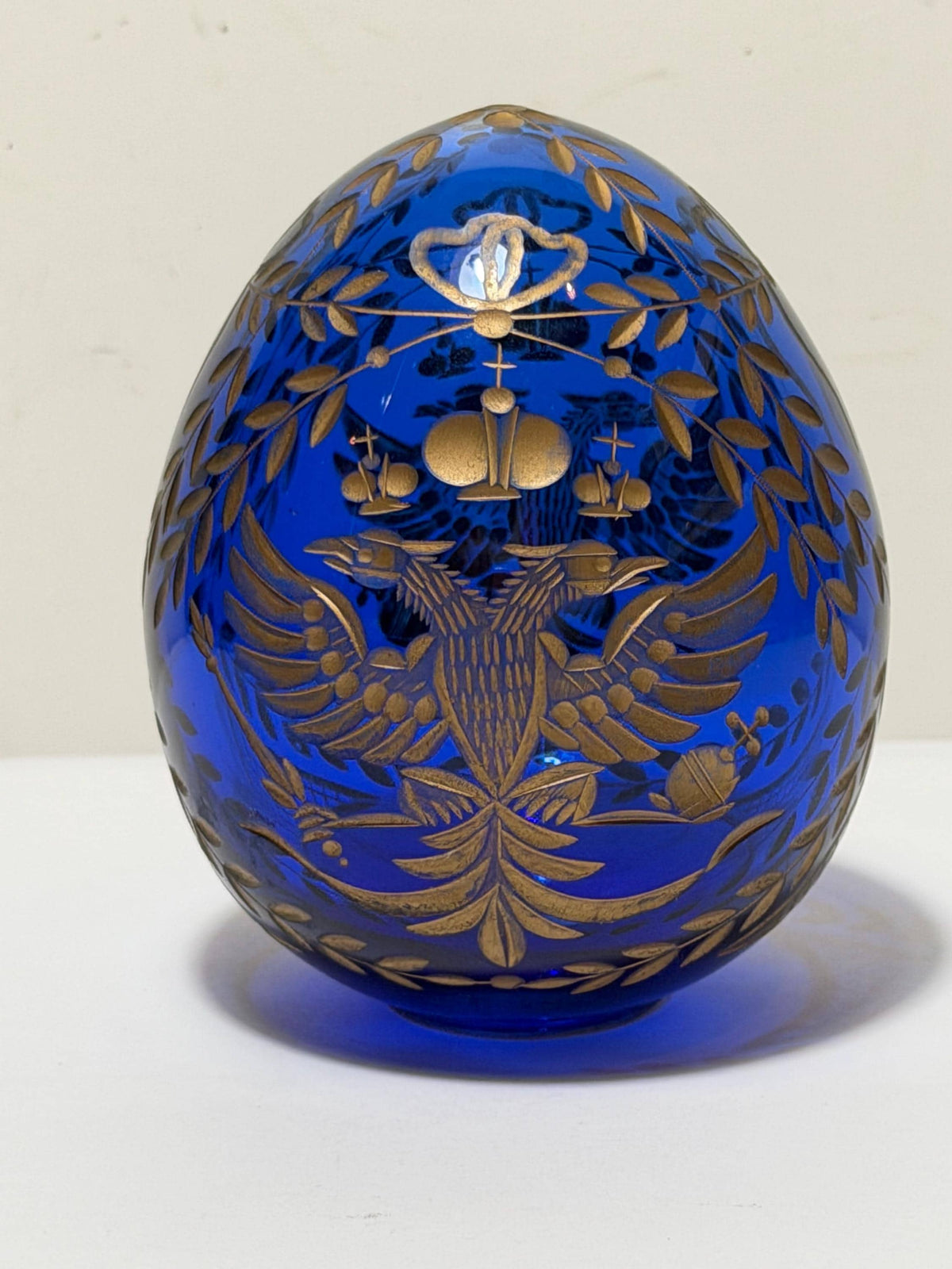 Fabergé Sapphire blue Crystal Egg, Double Eagle Gilded Symbol, Etched Lead Crystal (Collector Item) faberge