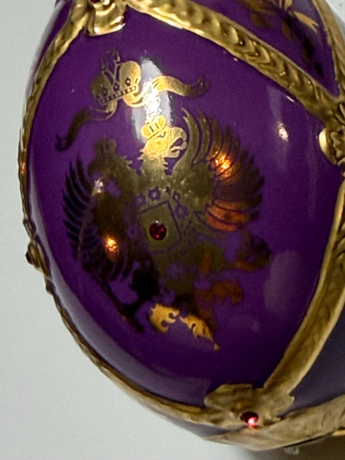 House of Fabergé porcelain Collector Egg, Faberge 24K gilt,  crystals, purple eagle faberge