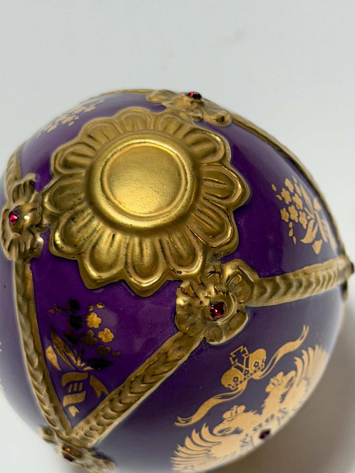 House of Fabergé porcelain Collector Egg, Faberge 24K gilt,  crystals, purple eagle faberge