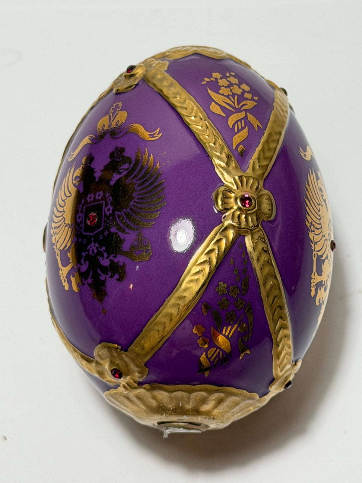 House of Fabergé porcelain Collector Egg, Faberge 24K gilt,  crystals, purple eagle faberge