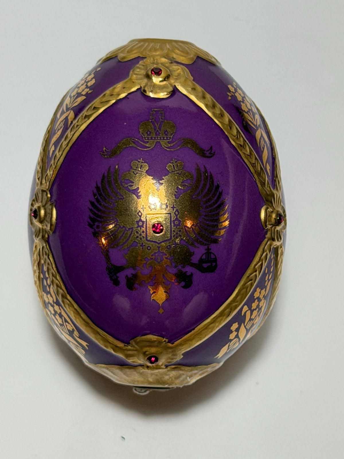 House of Fabergé porcelain Collector Egg, Faberge 24K gilt,  crystals, purple eagle faberge