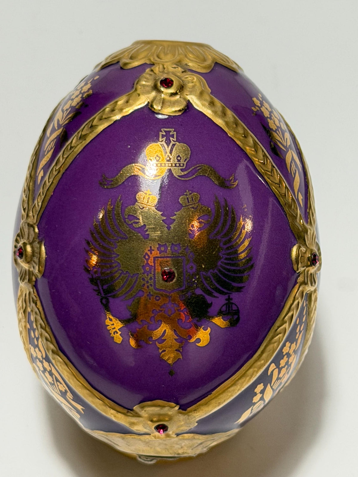 House of Fabergé porcelain Collector Egg, Faberge 24K gilt,  crystals, purple eagle faberge