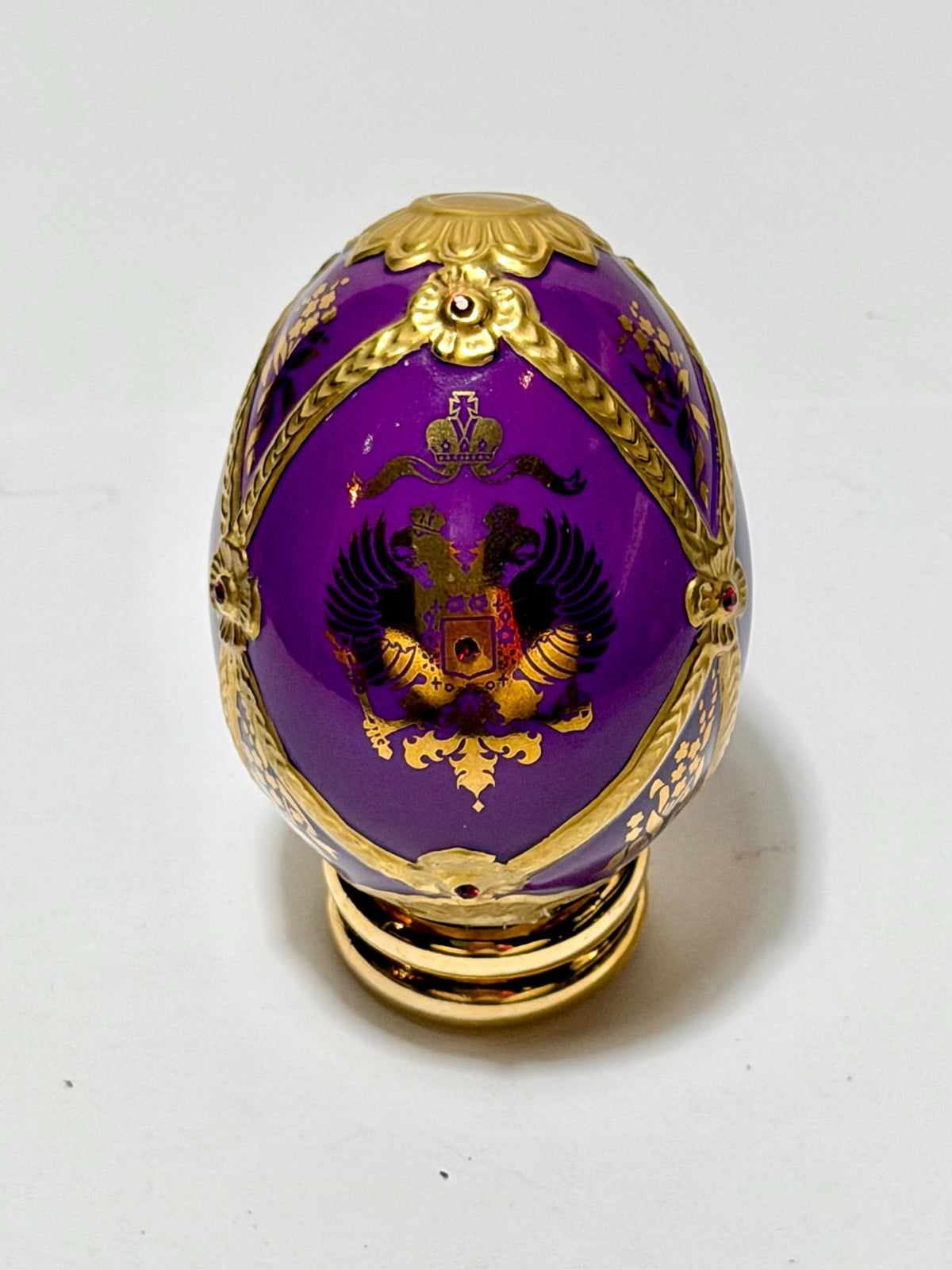 House of Fabergé porcelain Collector Egg, Faberge 24K gilt,  crystals, purple eagle faberge
