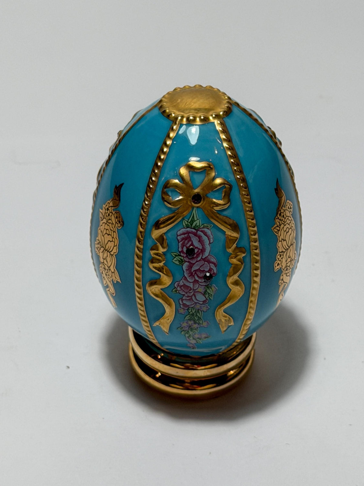 House of Fabergé turquoise porcelain Collector Egg, Faberge 24K gilt,  crystals,  faberge