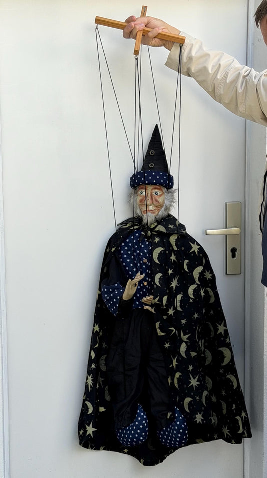 XXL Vintage Merlin the Wizard Marionette – 150 cm – Magical Sorcerer Puppet – Moon and Stars Cloak – Theatre Decoration -  halloween puppet